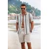 COOFANDY Men’s Summer Beach Outfits 2 Piece Short Sleeve Shirts and Shorts Vacation Texture Linen Sets for Men(Stripe)