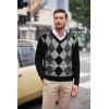 COOFANDY Mens V Neck Dress Sweater Knit Long Sleeve Slim Fit Sweaters Fashion Pullover Sweater(Balck Grey Argyle)