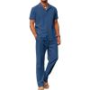 COOFANDY Men 2 Piece Linen Outfit Beach Button Down Shirt Casual Loose Pant Sets(Dark Blue)