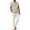 COOFANDY Men 2 Piece Linen Outfit Beach Button Down Shirt Casual Loose Pant Sets(Green Floral Shirt/White Pants)