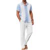 COOFANDY Men 2 Piece Linen Outfit Beach Button Down Shirt Casual Loose Pant Sets(Light Blue Patchwork White Shirt/White Pants)