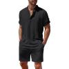 COOFANDY Men’s 2 Pieces Linen Set Henley Shirt Short Sleeve and Shorts Summer Beach Yoga Matching Outfits(Black)