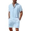 COOFANDY Men’s 2 Pieces Linen Set Henley Shirt Short Sleeve and Shorts Summer Beach Yoga Matching Outfits(Light Blue)