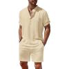 COOFANDY Men’s 2 Pieces Linen Set Henley Shirt Short Sleeve and Shorts Summer Beach Yoga Matching Outfits(Light Khaki)
