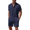 COOFANDY Men’s 2 Pieces Linen Set Henley Shirt Short Sleeve and Shorts Summer Beach Yoga Matching Outfits(Navy Blue)
