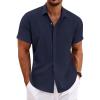 COOFANDY Mens Button Down Shirts Short Sleeve Casual Summer Beach Shirts for Men Vacation Wedding Linen Shirt(Navy Blue)