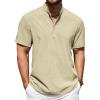 COOFANDY Men’s Casual Henley Shirt Short Sleeve Band Collar Shirt Summer Beach Hippie Vacation T Shirt with Button(Beige)