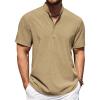 COOFANDY Men’s Casual Henley Shirt Short Sleeve Band Collar Shirt Summer Beach Hippie Vacation T Shirt with Button(Khaki)