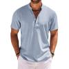 COOFANDY Men’s Casual Henley Shirt Short Sleeve Band Collar Shirt Summer Beach Hippie Vacation T Shirt with Button(Light Denim Blue)