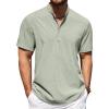 COOFANDY Men’s Casual Henley Shirt Short Sleeve Band Collar Shirt Summer Beach Hippie Vacation T Shirt with Button(Light Green)