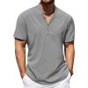 COOFANDY Men’s Casual Henley Shirt Short Sleeve Band Collar Shirt Summer Beach Hippie Vacation T Shirt with Button(Light Grey)