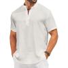 COOFANDY Men’s Casual Henley Shirt Short Sleeve Linen Shirt Band Collar Summer Hippie Beach T-Shirts(01-white)