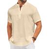 COOFANDY Men’s Casual Henley Shirt Short Sleeve Linen Shirt Band Collar Summer Hippie Beach T-Shirts(Beige)
