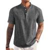 COOFANDY Men’s Casual Henley Shirt Short Sleeve Linen Shirt Band Collar Summer Hippie Beach T-Shirts(Dark Grey)