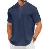COOFANDY Men’s Casual Henley Shirt Short Sleeve Linen Shirt Band Collar Summer Hippie Beach T-Shirts(Navy Blue)