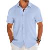 COOFANDY Mens Casual Linen Shirt Short Sleeve Button Down Shirt Summer Beach Shirts with Pocket(Light Blue)