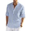 COOFANDY Men’s Cotton Linen Henley T-Shirt Long Sleeve Hippie Casual Beach T-Shirts(Blue White Striped)