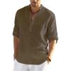 COOFANDY Men’s Cotton Linen Henley T-Shirt Long Sleeve Hippie Casual Beach T-Shirts(Brown)