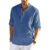 COOFANDY Men’s Cotton Linen Henley T-Shirt Long Sleeve Hippie Casual Beach T-Shirts(Denim Blue)