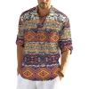 COOFANDY Men’s Cotton Linen Henley T-Shirt Long Sleeve Hippie Casual Beach T-Shirts(Geometric)