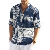 COOFANDY Men’s Cotton Linen Henley T-Shirt Long Sleeve Hippie Casual Beach T-Shirts(Navy Tie-dye)
