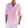 COOFANDY Men’s Cotton Linen Henley T-Shirt Long Sleeve Hippie Casual Beach T-Shirts(Pink)