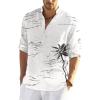 COOFANDY Men’s Cotton Linen Henley T-Shirt Long Sleeve Hippie Casual Beach T-Shirts(White – Palm Tree)