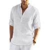 COOFANDY Men’s Cotton Linen Henley T-Shirt Long Sleeve Hippie Casual Beach T-Shirts(White Striped)