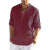 COOFANDY Men’s Cotton Linen Henley T-Shirt Long Sleeve Hippie Casual Beach T-Shirts(Wine Red)