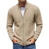 COOFANDY Men’s Full Zip Cardigan Sweater Slim Fit Cable Knitted Zip Up Sweater with Pockets(Khaki)