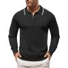 COOFANDY Men’s Knit Polo Shirt Long Sleeve Quarter Zip Polo Sweater Casual Golf Shirts Vintage Striped Collar Polo(All Black)