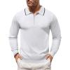 COOFANDY Men’s Knit Polo Shirt Long Sleeve Quarter Zip Polo Sweater Casual Golf Shirts Vintage Striped Collar Polo(All White)