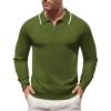COOFANDY Men’s Knit Polo Shirt Long Sleeve Quarter Zip Polo Sweater Casual Golf Shirts Vintage Striped Collar Polo(Army Green)