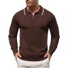 COOFANDY Men’s Knit Polo Shirt Long Sleeve Quarter Zip Polo Sweater Casual Golf Shirts Vintage Striped Collar Polo(Brown)