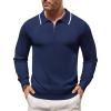 COOFANDY Men’s Knit Polo Shirt Long Sleeve Quarter Zip Polo Sweater Casual Golf Shirts Vintage Striped Collar Polo(Navy Blue)