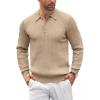 COOFANDY Mens Knit Polo Shirts Casual Long Sleeve Classic Polo Shirts Button Down Golf Shirts(Ribbed Khaki)
