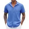 COOFANDY Mens Linen Shirt Casual Short Sleeve Button Down Shirt Summer Beach Vacation Wedding Wear(Blue)