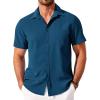 COOFANDY Mens Linen Shirt Casual Short Sleeve Button Down Shirt Summer Beach Vacation Wedding Wear(Dark Blue)