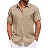 COOFANDY Mens Linen Shirt Casual Short Sleeve Button Down Shirt Summer Beach Vacation Wedding Wear(Khaki)