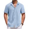 COOFANDY Mens Linen Shirt Casual Short Sleeve Button Down Shirt Summer Beach Vacation Wedding Wear(Light Blue)