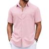COOFANDY Mens Linen Shirt Casual Short Sleeve Button Down Shirt Summer Beach Vacation Wedding Wear(Pink)