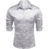 COOFANDY Mens Luxury Satin Dress Shirt Shiny Silk Long Sleeve Button Up Shirts Wedding Shirt Party Prom(Foral – Silver)