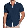 COOFANDY Men’s Muscle Fit Dress Shirts Wrinkle-Free Short Sleeve Casual Button Down Shirt(Dark Blue-white)