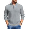COOFANDY Mens Quarter Button Sweater Long Sleeve Stand Collar Sweaters Casual Knitted Ribbed Dress Pullover(Light Grey)