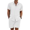 COOFANDY Men’s Summer Beach Outfits 2 Piece Short Sleeve Shirts and Shorts Vacation Texture Linen Sets for Men(A White)