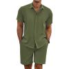 COOFANDY Men’s Summer Beach Outfits 2 Piece Short Sleeve Shirts and Shorts Vacation Texture Linen Sets for Men(Army Green)