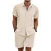 COOFANDY Men’s Summer Beach Outfits 2 Piece Short Sleeve Shirts and Shorts Vacation Texture Linen Sets for Men(Beige)