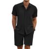 COOFANDY Men’s Summer Beach Outfits 2 Piece Short Sleeve Shirts and Shorts Vacation Texture Linen Sets for Men(Black)