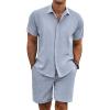 COOFANDY Men’s Summer Beach Outfits 2 Piece Short Sleeve Shirts and Shorts Vacation Texture Linen Sets for Men(Blue)