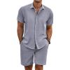 COOFANDY Men’s Summer Beach Outfits 2 Piece Short Sleeve Shirts and Shorts Vacation Texture Linen Sets for Men(Dark Blue Grey)